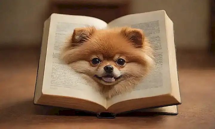 Ilustración fotorealista de un pomeranio con un libro y sus detalles  en la página abierta