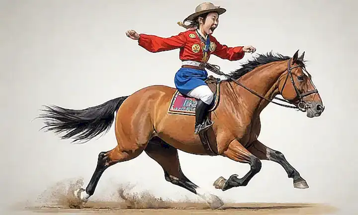Una yegua coreana, valiente, con medallas, su rostro firme