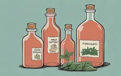 La ilustración vintage de hierbas y botellas de pociones describe los síntomas de la diarrea canina