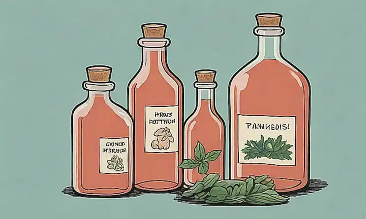 La ilustración vintage de hierbas y botellas de pociones describe los síntomas de la diarrea canina