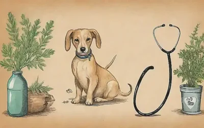 La ilustración vintage muestra una imagen de hierbas y un veterinario analizando la orina de un perro