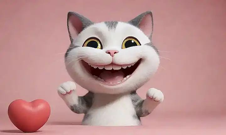 Un gato cartoon sonríe mientras comida se encuentra en su mano, corazones sobre él