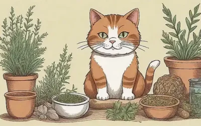 Ilustración vintage de un gato con barriga gorda usando hierbas y remedios populares