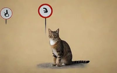 Una ilustración de un gato en una pared con seis señales de advertencia alrededor. **Note:**  This sentence translates to: A cat illustration on a wall with six warning signs around it. If you would like other options in the style of this short-sentence expression