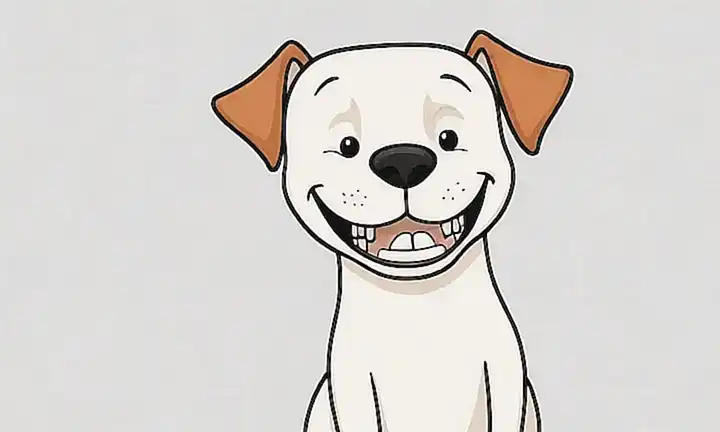 Un perro sonriente con dientes dibujados en un fondo blanco ilustrado