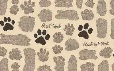 Láminas vintage con diseños de huellas de perro y lista de remedios naturales para mascotas