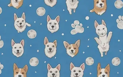 Un dibujo de perros con huellas de patas en la luna invertida