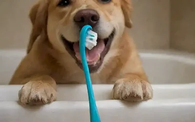 Las huellas de los cachorros en el cepillo de dientes y el líquido del pasta dental cae por una sonrisa canina.