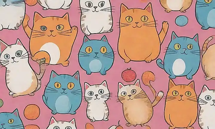 Un diseño animado con imágenes de gatos y un diseño de alegría
