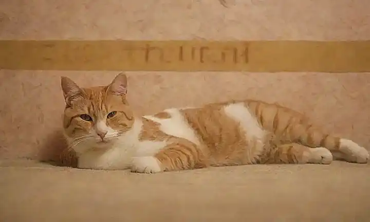 Un gato relajado en una pared con patrón calmado, texto Estiramiento y Relajación