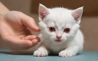 Un gatito con ojos rojos recibe medicina de una mano amiga