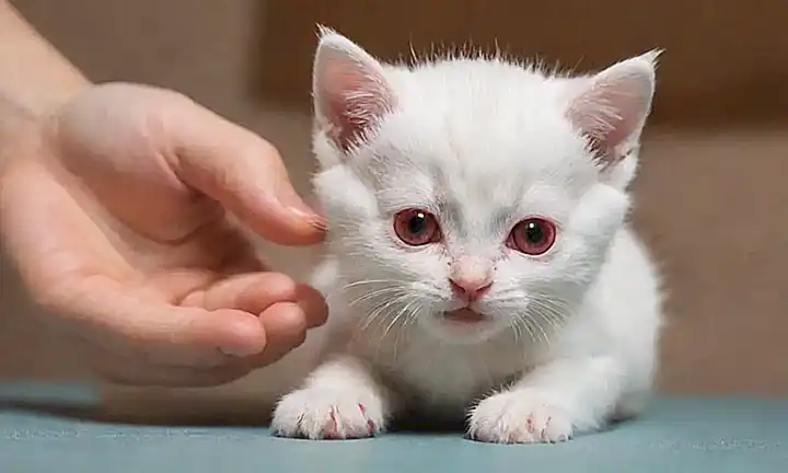 Un gatito con ojos rojos recibe medicina de una mano amiga
