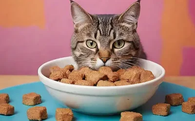 Ilustración de un gato juguetón con comida y golosinas para gatos