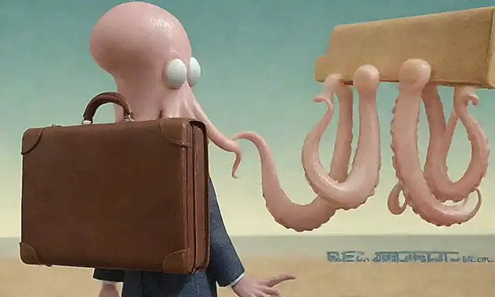 El pulpo, en perfil, sostiene un maletín con sus tentáculos y la frase muestra su impacto en la cultura popular
