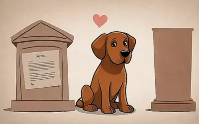 Un perro marrón se muestra serio cerca de un cementerio