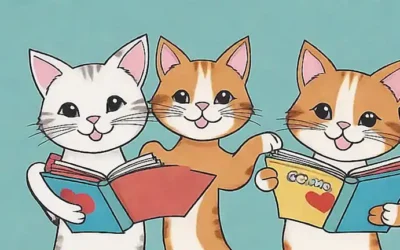 Dos gatos sonrientes están juntos con un libro en una página