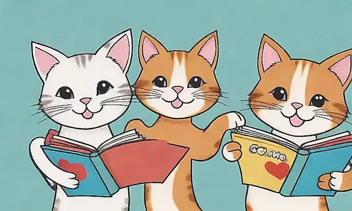 Dos gatos sonrientes están juntos con un libro en una página