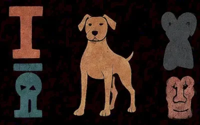 Iconografía de un perro angustiado en fondo oscuro con texto y símbolos de tristeza