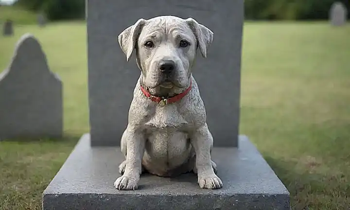 Imagen estilizada de Bobby el perro en una lápida de piedra