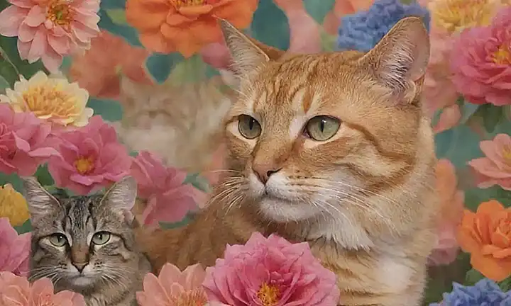 **Un collage vibrante de felinos con patrones florales y una potente presencia olfativa.**