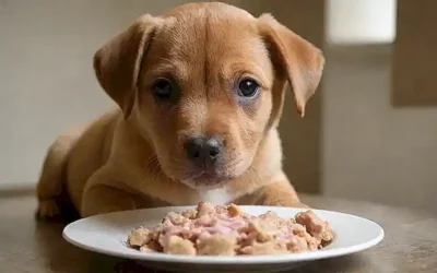 Perro fome con horario de alimentación regular.    (Meaning: Hungry puppy
