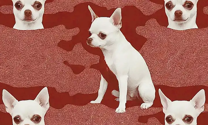 Un chihuahua excava con un patrón rojo y blanco tribal