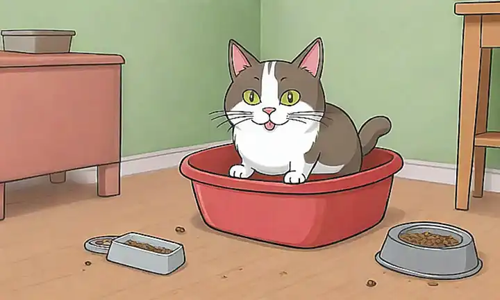 Un gato juguetón enseña a otro cómo usar la caja de basura con humor. **Translation:** A playful cat is teaching another how to use the litter box with humor. Let me know if you need any further help with translations!