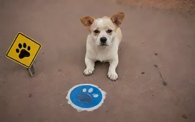Fotos de perros con huellas de patas en un fondo con señales de precaución.   ❤️