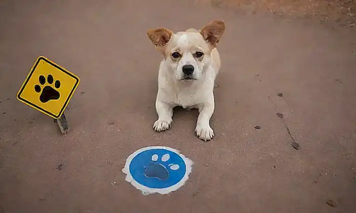 Fotos de perros con huellas de patas en un fondo con señales de precaución.   ❤️