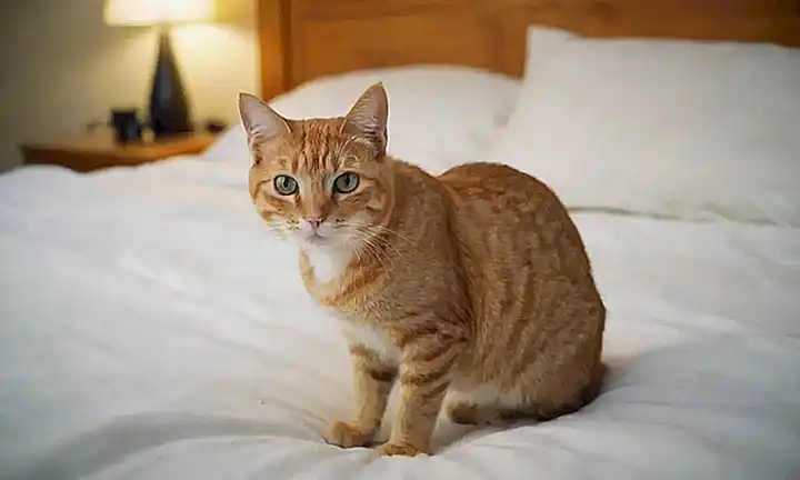 ¿El gato está orinando en la cama? This translates directly to Is the cat peeing in the bed?