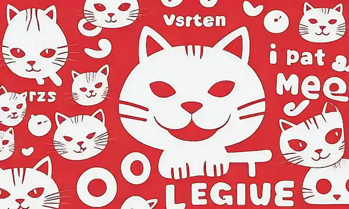 Ilustración de gato con texto central y fuente en negrita, colores rojo y blanco