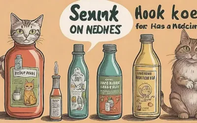Imágenes ilustrantes de gatos y frascos con medicinas