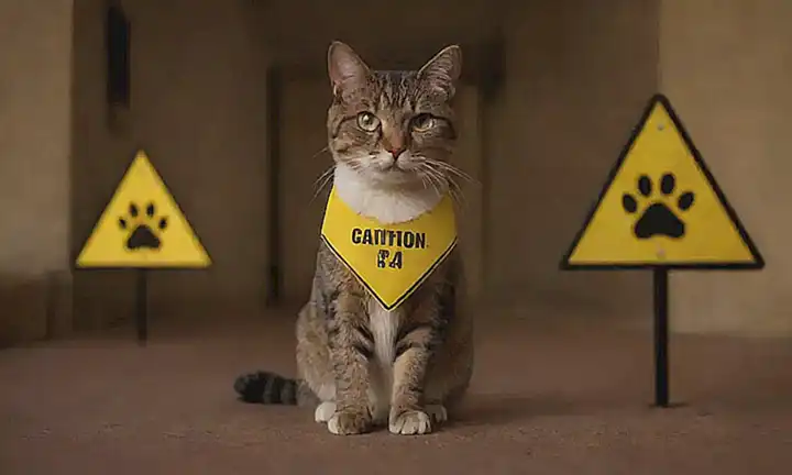 Imagen de gato con señales de precaución y iconos negativos en un fondo con huellas de gato