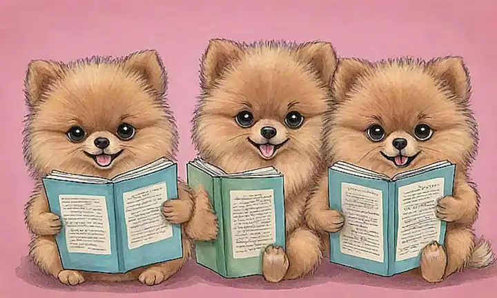 Ilustración de cachorros pomeranianos con texturas imaginando la lectura