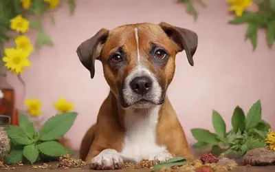 Illustrations de remedios naturales para alergias en perros con estampados herbáceos y caras de cachorros
