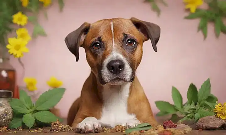 Illustrations de remedios naturales para alergias en perros con estampados herbáceos y caras de cachorros