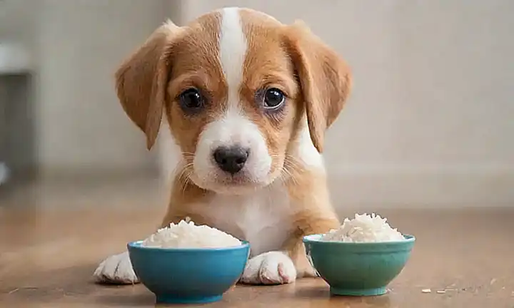 Perder la duda con un cachorro jugar a comer arroz en una guía