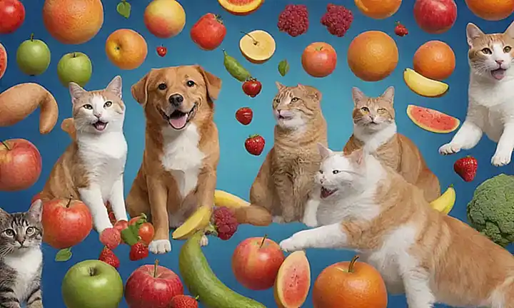 Un dibujo alegre de perros y gatos jugando con frutas y verduras coloridas