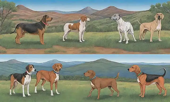 Un dibujo colorido de siete razas de perros de caza españoles en paisajes pintorescos