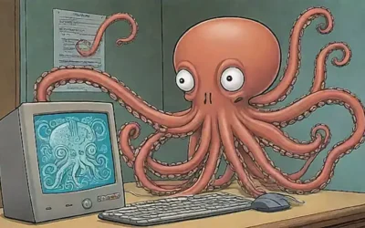Un pulpo cómico con tecnología futurista observa un televisor de antaño desde lejos