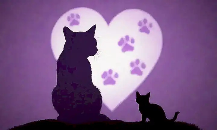 Arte con dibujo de corazón morado, huella de pata y silueta de gato, texto lúdico