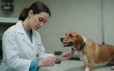 Un asistente veterinario ayuda a un perro con su conocimiento.  ‍⚕️