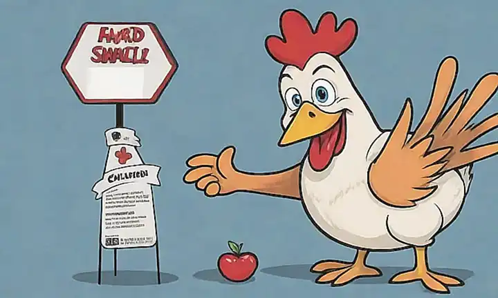 Un gallinero sonriente con lista de ingredientes y advertencia en una frontera de huellas de pie. (A smiling cartoon chicken with an ingredients list and a warning sign in a paw print border)