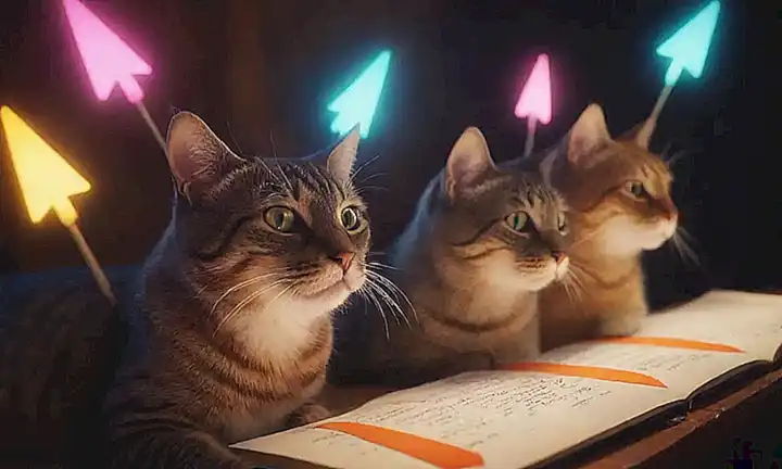 Illustrationes coloridas de gatos con luces y flechas que apuntan hacia ellos