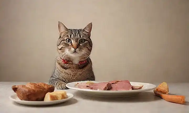 Un gato hambriento con comida deliciosa: imágenes listas para elegir