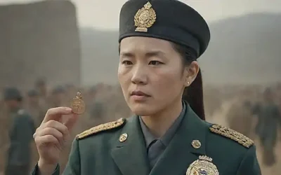 Ilustración impresionante de yegua coreana con medallas y uniforme militar