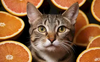 Los gatos con curiosidad se adornan de rayas en un fondo de cítricos. **(The cats with curiosity are adorned with stripes in a backdrop of citrus.)**