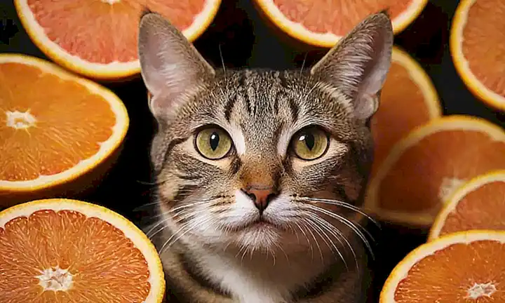 Los gatos con curiosidad se adornan de rayas en un fondo de cítricos. **(The cats with curiosity are adorned with stripes in a backdrop of citrus.)**