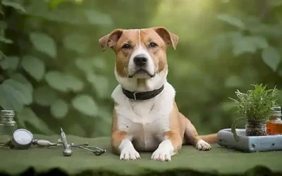 Un perro encantador con instrumentos médicos y hierbas en un fondo de hoja