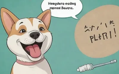 Una foto de un perro sonriente con instrucciones para eliminar la placa dental